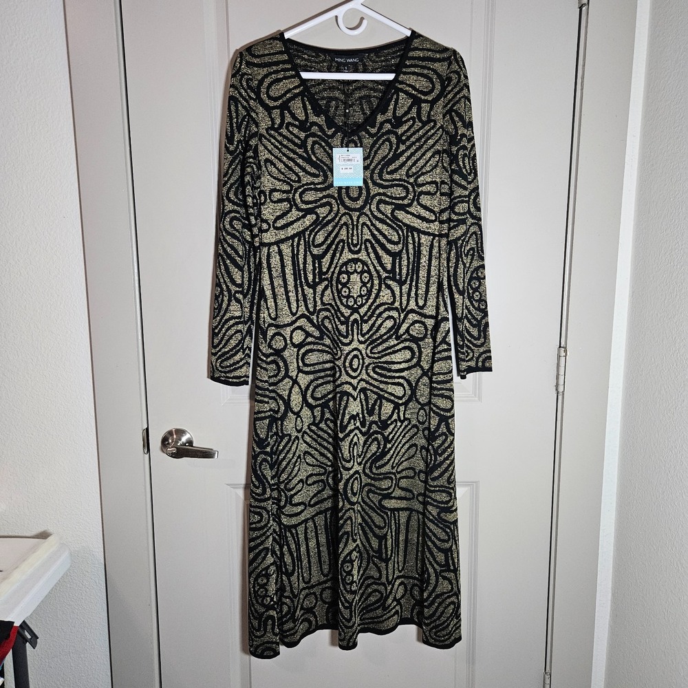 $295 NEW Ming Wang  Midi Dress Small Gold Metallic Knit Spellout‎ Stretch Black